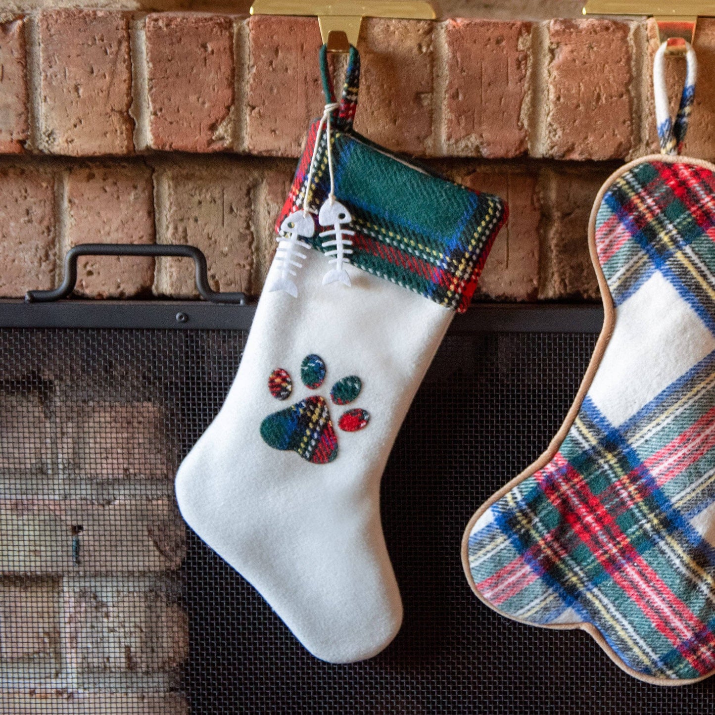 Woven Plaid and Felt Pet Christmas Stocking with Paw Print and Bone Charms: Cats