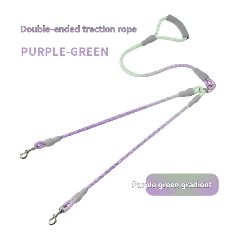 Colorful Gradient Dual Dog Leash Adjustable Nylon Pet Leash with Comfortable Handle for Walking Two Dogs