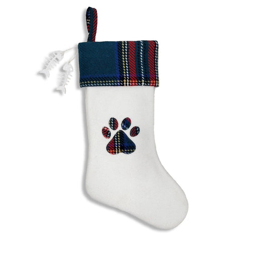 Woven Plaid and Felt Pet Christmas Stocking with Paw Print and Bone Charms: Cats