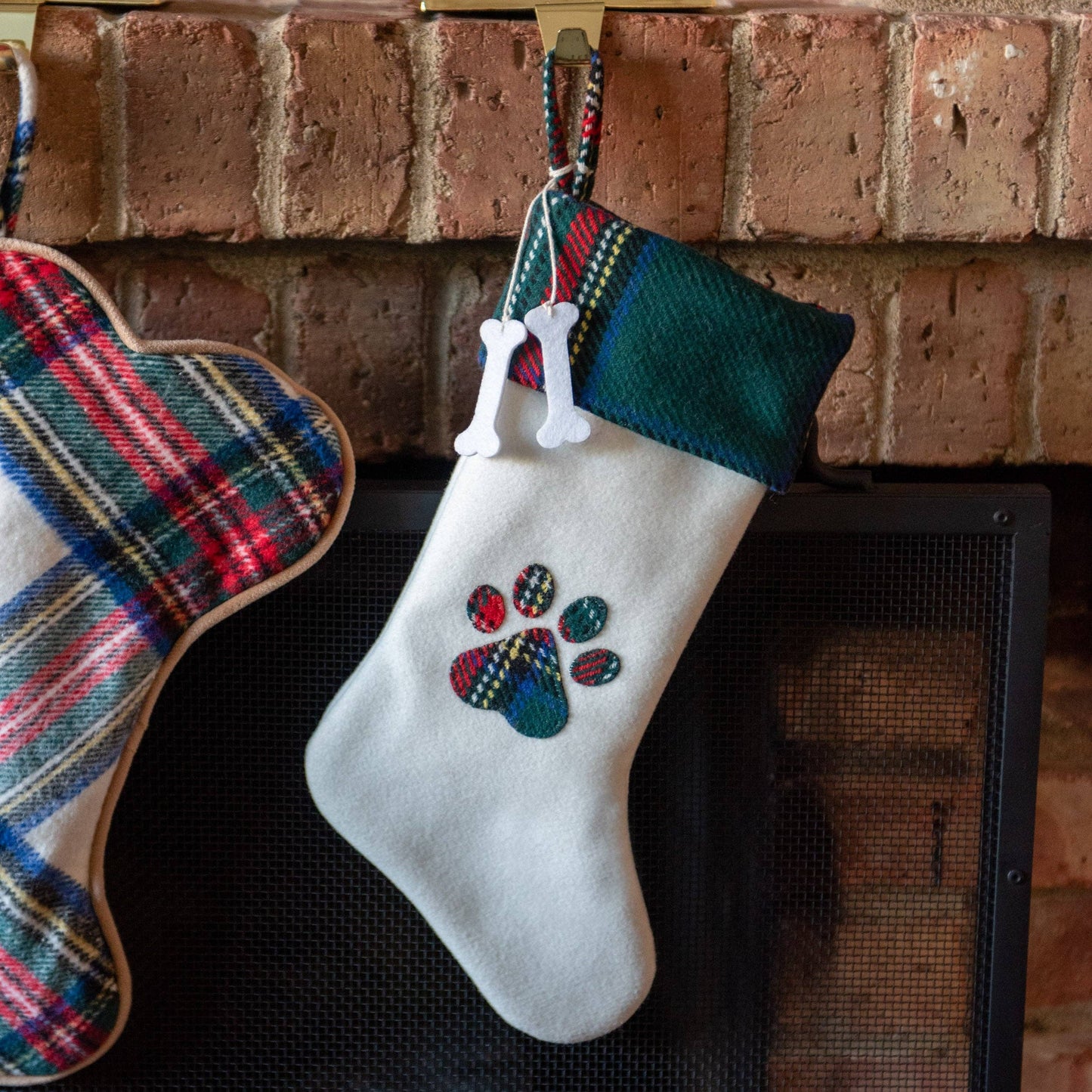Woven Plaid and Felt Pet Christmas Stocking with Paw Print and Bone Charms: Cats