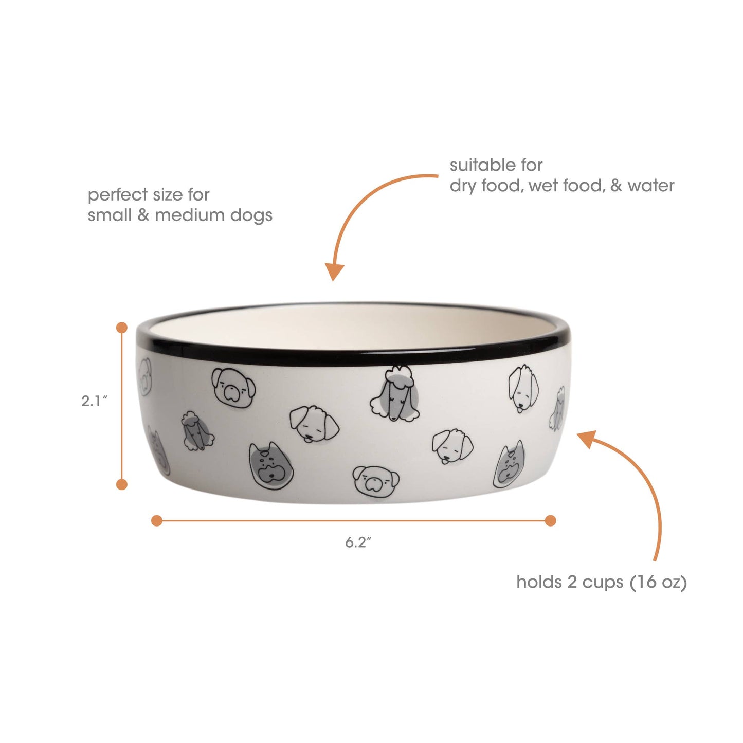 Dog Faces Pattern Ceramic Pet Bowl, Small/Medium