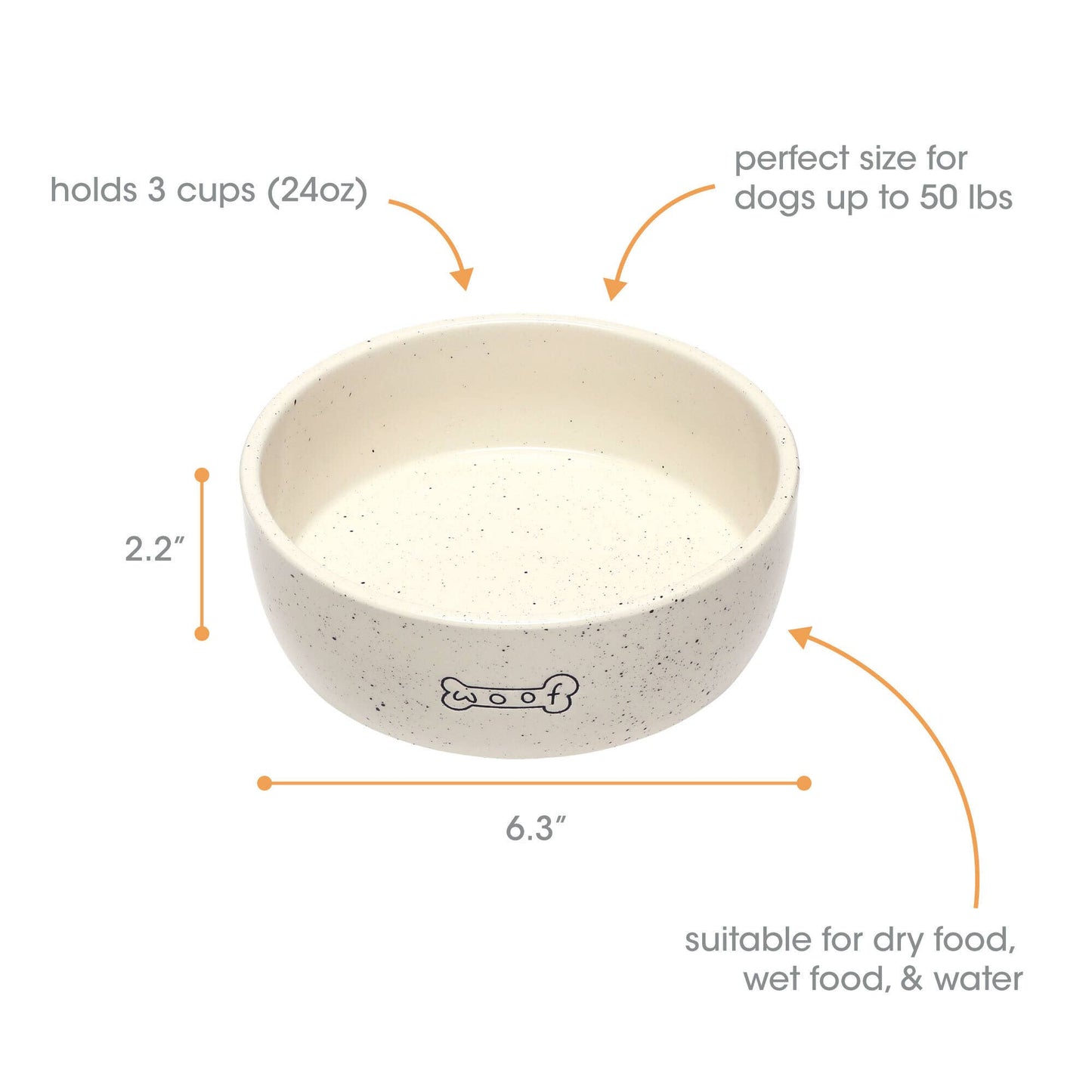 Woof Ceramic Dog Bowl, Water or Food Pet Dish, Medium