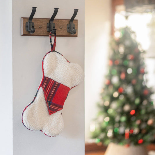 Bouclé Dog Bone Christmas Stocking with Woven Plaid Bandana