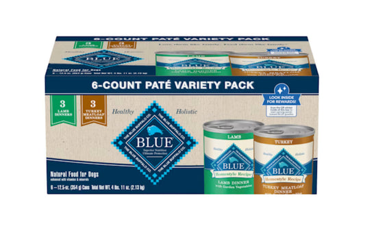 Blue Buffalo Homestyle Recipe Variety Pack Adult Lamb & Turkey Canned Dog Food, 12.5 oz case of 6