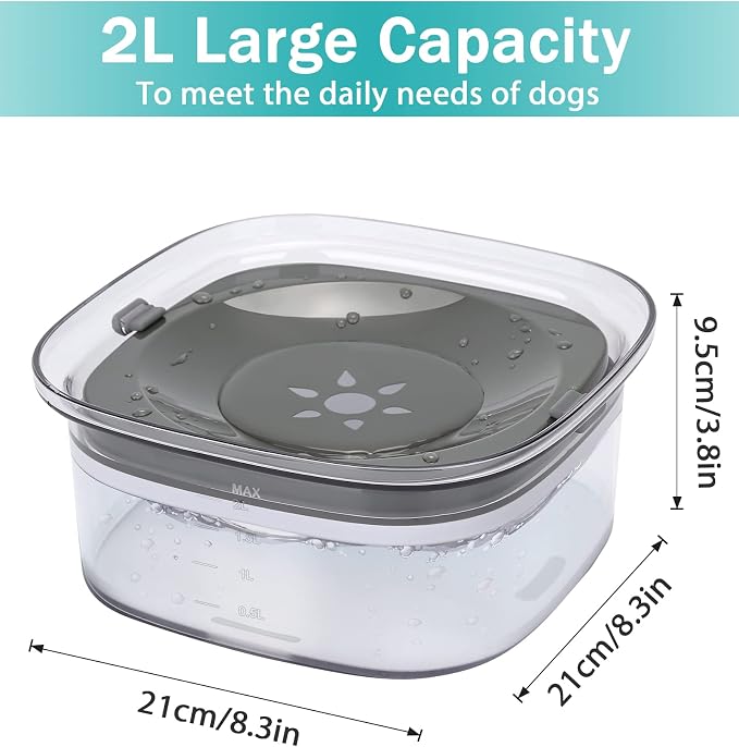 PETTOM No-Spill Anti-Splash Large Capacity 2L Water Bowl Grey