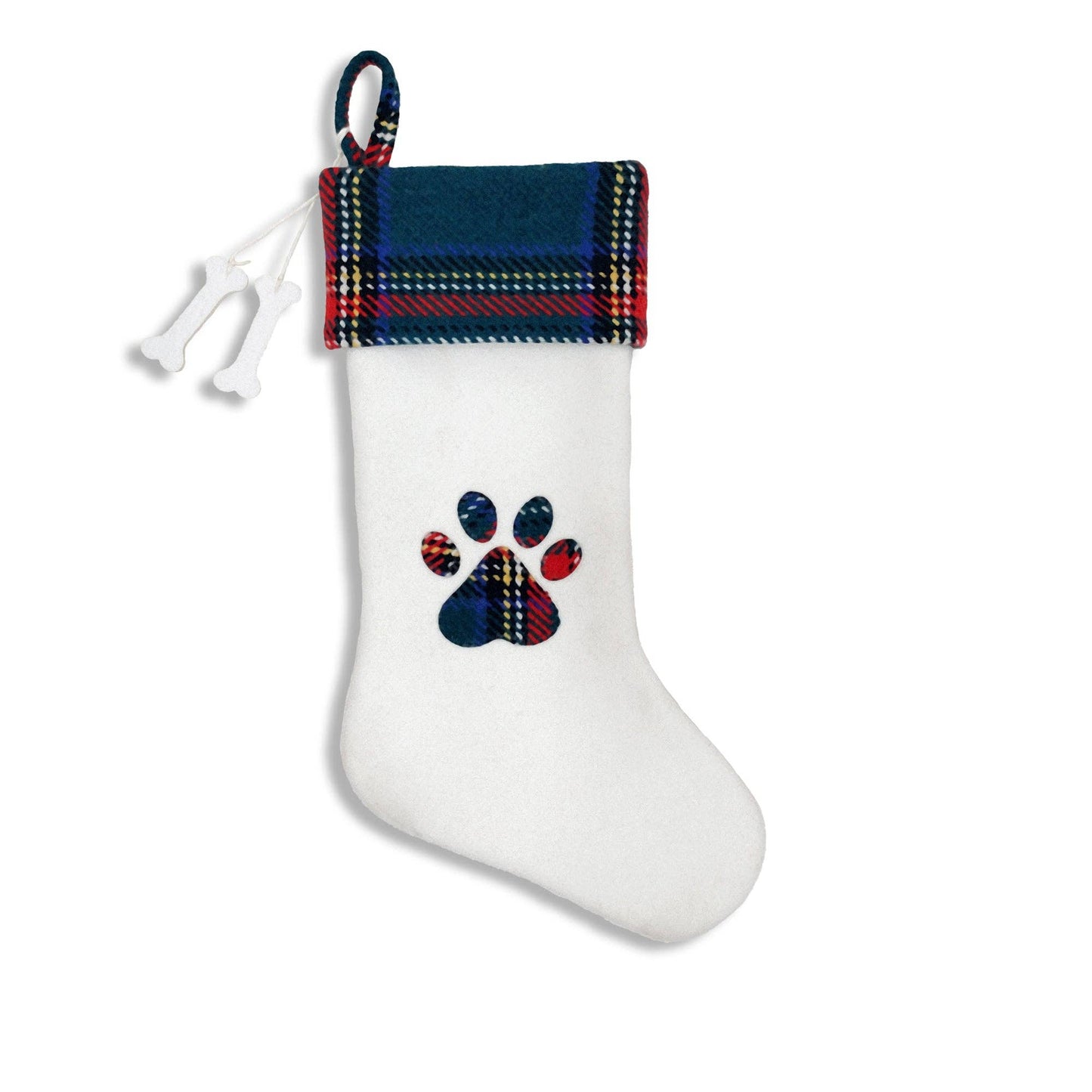 Woven Plaid and Felt Pet Christmas Stocking with Paw Print and Bone Charms: Cats