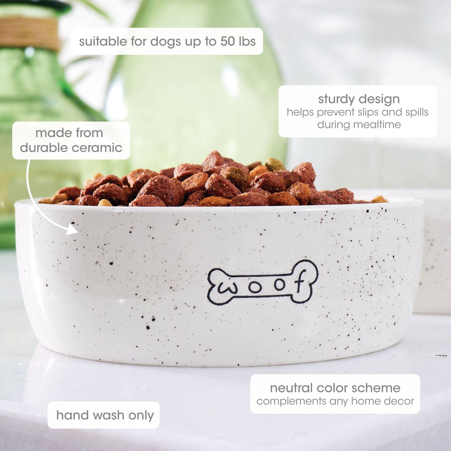 Woof Ceramic Dog Bowl, Water or Food Pet Dish, Medium